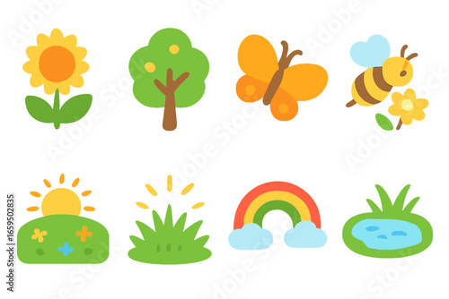 Nature's Playful Icons. Flat vector mini-illustrations sunlight and nature in colors children's illustrations: sunflower, bright
