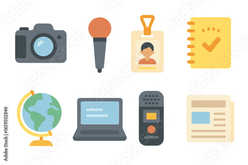 Children's Journalism Icons. Flat vector mini-illustrations Journalism field reporting in colors children's