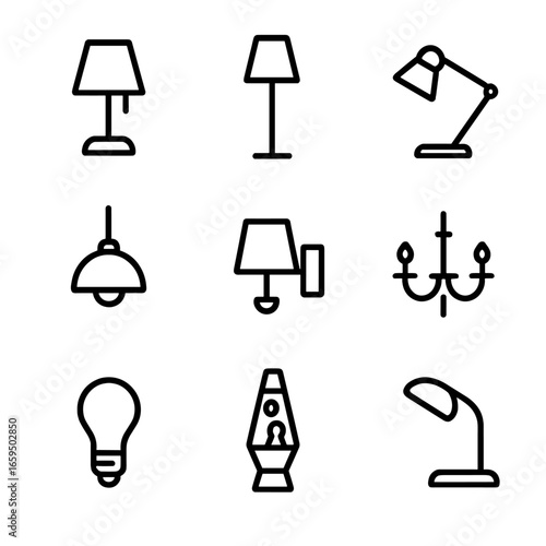 Lamp Icon Collection. Outline icon set of lamp types: table lamp, floor lamp, desk lamp, pendant lamp, wall sconce, chandelier,