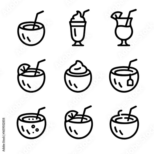 Coconut Drink Icons. Outline icon set of coconut beverages: coconut water, coconut milkshake, piña colada, coconut cocktail,