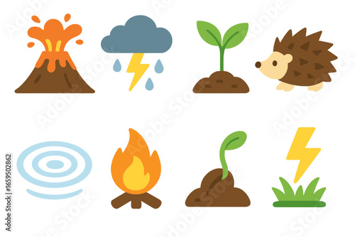 Nature's Reactions Icons. Flat vector mini-illustrations reaction in nature in colors children's illustrations: volcanic eruption,