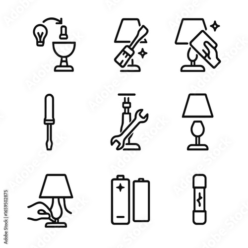 Lamp Maintenance Icons. Outline icon set of lamp maintenance: bulb replacement, cleaning brush, polishing cloth, screwdriver, lamp