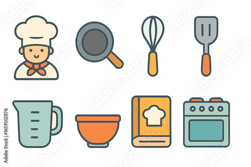Children's Kitchen Icons. Flat vector mini-illustrations kitchen chef in colors children's illustrations: chef