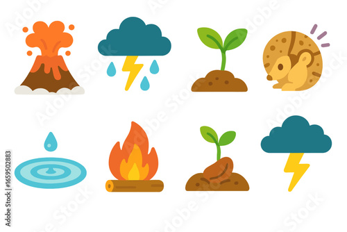 Nature's Reactions Icons. Flat vector mini-illustrations reaction in nature in colors children's illustrations: volcanic eruption,
