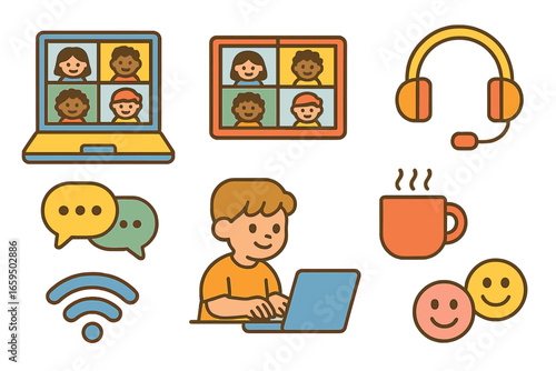Virtual Kids' Meetup. Flat vector mini-illustrations virtual meetup call in colors children's illustrations: laptop screen, video