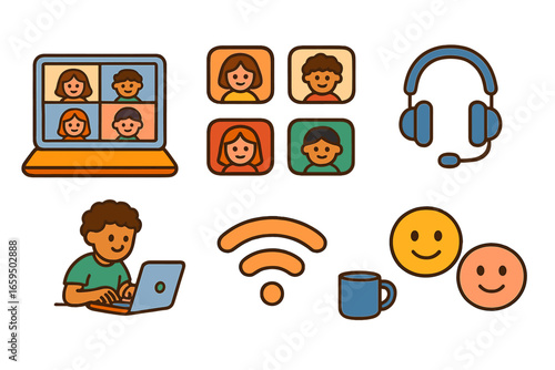 Virtual Kids' Meetup. Flat vector mini-illustrations virtual meetup call in colors children's illustrations: laptop screen, video