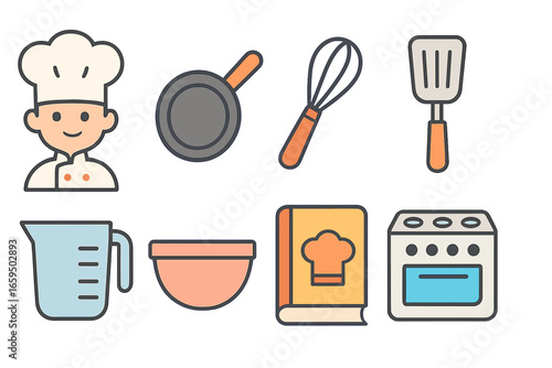 Children's Kitchen Icons. Flat vector mini-illustrations kitchen chef in colors children's illustrations: chef