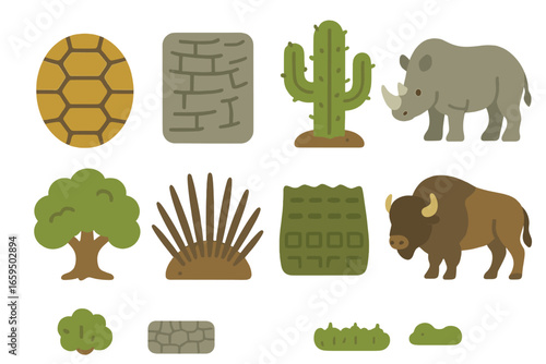 Nature's Tough Icons. Flat vector mini-illustrations toughness in nature in colors children's illustrations: tortoise shell,