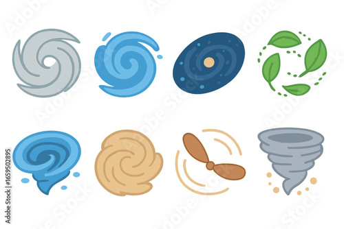 Nature's Rotating Wonders. Flat vector mini-illustrations rotation in nature’s phenomena in colors children's illustrations: