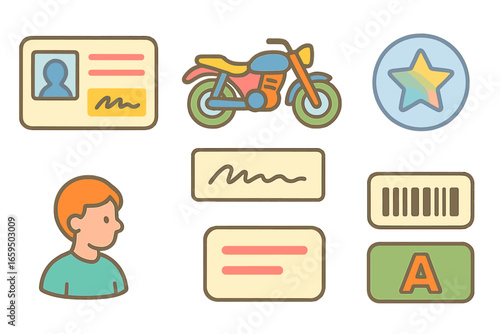 Children's License Mockup. Flat vector mini-illustrations motorcycle license mockup in colors children's
