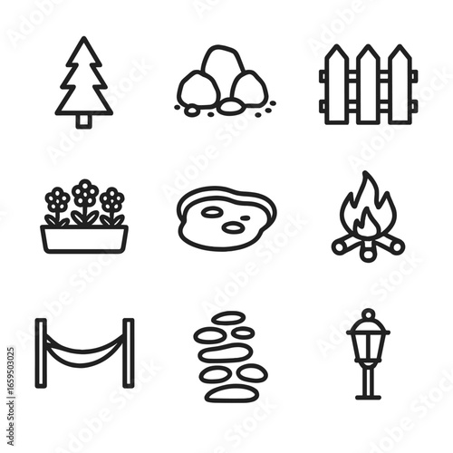 Log House Icon Set. Outline icon set of log house landscaping: pine tree, rock garden, wooden fence, flower bed, pond, fire pit,