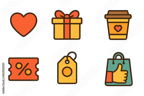 Children's Loyalty Icons. Flat vector mini-illustrations brand loyalty in colors children's illustrations: