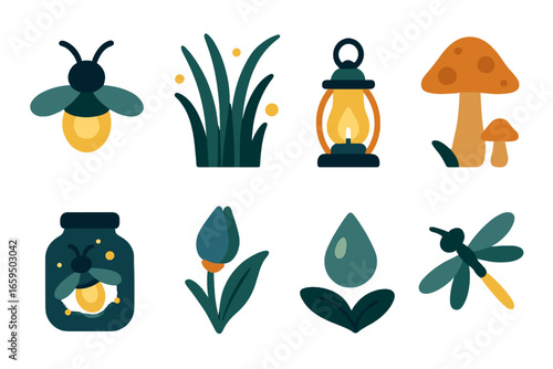 Whimsical Nature Icons. Flat vector mini-illustrations Firefly meadow at dusk in colors children’s illustrations: firefly, tall