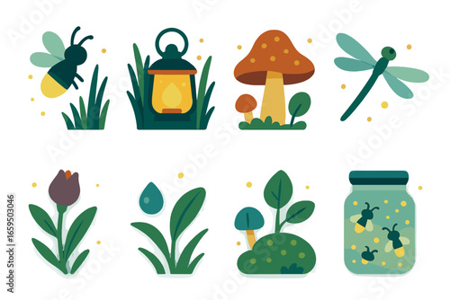 Whimsical Nature Icons. Flat vector mini-illustrations Firefly meadow at dusk in colors children’s illustrations: firefly, tall