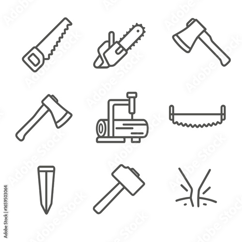 Log Cutting Icons. Outline icon set of log cutting: saw, chainsaw, axe, hatchet, log splitter, crosscut saw, wedge, mallet,