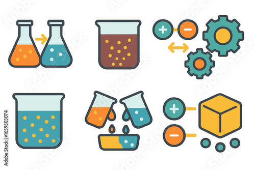 Colorful Chemical Reactions. Flat vector mini-illustrations precipitate reactions in colors children's illustrations: double