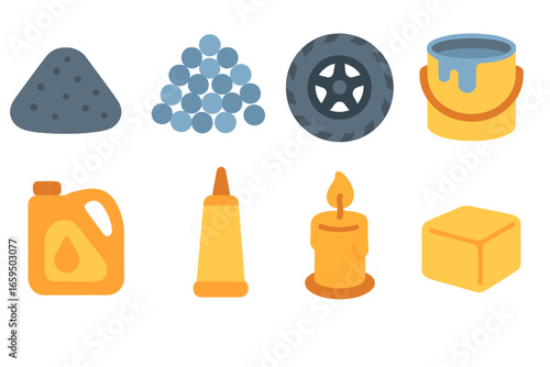 Oil-Based Product Icons. Flat vector mini-illustrations oil-based industrial products in colors children's illustrations: asphalt,