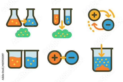 Colorful Chemical Reactions. Flat vector mini-illustrations precipitate reactions in colors children's illustrations: double