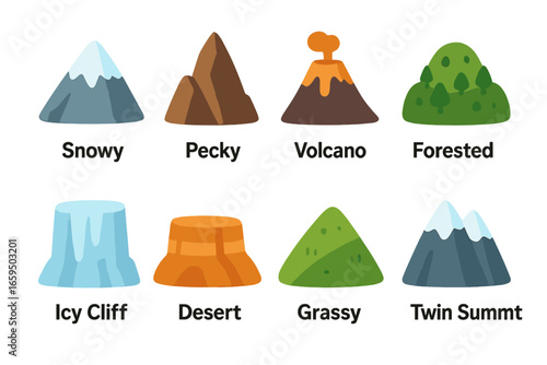 Magical Mountain Icons. Flat vector mini-illustrations mountain peaks in colors children's illustrations: snowy mountain, rocky