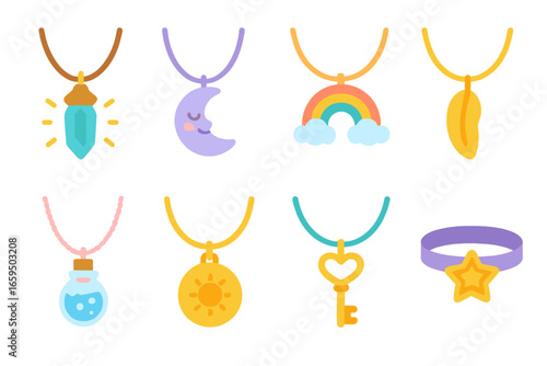 Magical Necklace Collection. Flat vector mini-illustrations magical necklaces in colors children's illustrations: glowing crystal