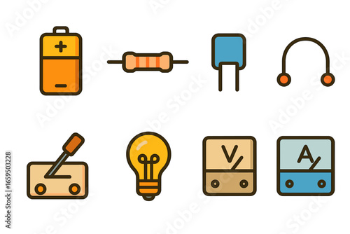 Colorful Circuit Components. Flat vector mini-illustrations electrical circuits in colors children's illustrations: battery,