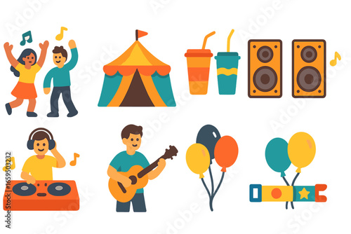 Children's Music Festival Icons. Flat vector mini-illustrations Music festival celebration in colors
