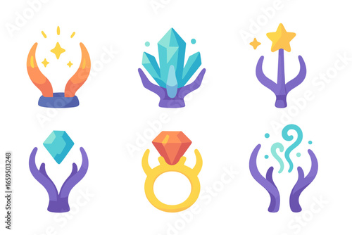 Magical Prong Icons. Flat vector mini-illustrations prongs in fantasy settings in colors children's illustrations: glowing prongs,
