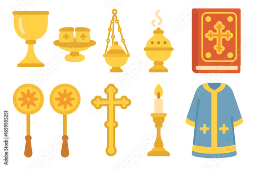 Orthodox Liturgical Icons. Flat vector mini-illustrations orthodox liturgical items in colors children's illustrations: chalice,