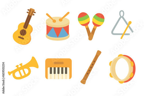 Children's Music Icons. Flat vector mini-illustrations music time in colors children's illustrations: guitar,