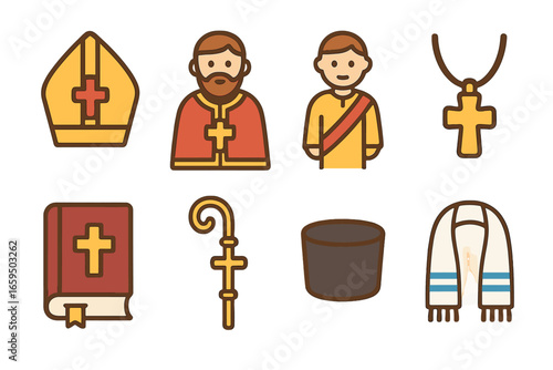 Orthodox Clergy Icons. Flat vector mini-illustrations orthodox clergy in colors children's illustrations: bishop mitre, priest