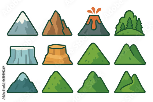 Magical Mountain Icons. Flat vector mini-illustrations mountain peaks in colors children's illustrations: snowy mountain, rocky