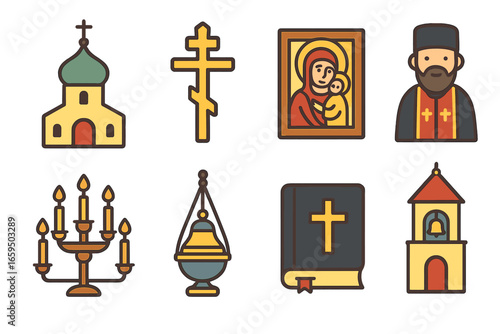 Orthodox Icon Set. Flat vector mini-illustrations orthodoxy in colors children's illustrations: onion dome church, cross, icon