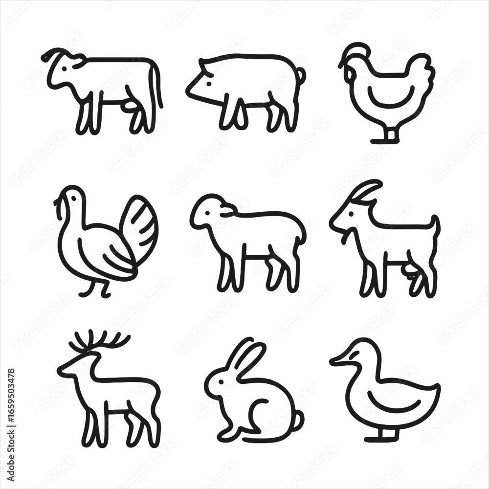 Fototapeta premium Meat Animal Icons. Outline icon set of meat animals and sources: cow, pig, chicken, turkey, lamb, goat, deer, rabbit, duck. Line