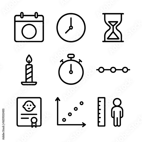Age Icon Set. Outline icon set of age measurement: calendar, clock, hourglass, birthday candle, stopwatch, timeline, birth