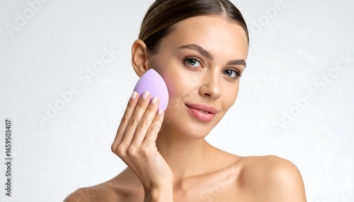Woman applying makeup with a sponge