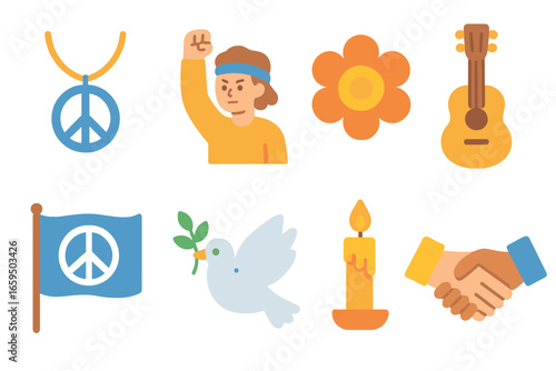 Peace Themes Icons. Flat vector mini-illustrations peace movements in colors children's illustrations: peace sign necklace,