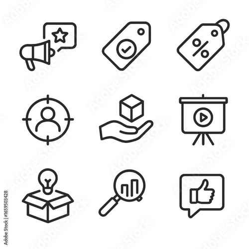 Marketing Icons Grid. Outline icon set of pitch in marketing: brand message, tagline, promotional offer, target audience, value