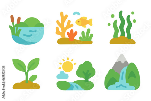 Alkaline Nature Icons. Flat vector mini-illustrations alkaline environment in colors children's illustrations: freshwater lake,