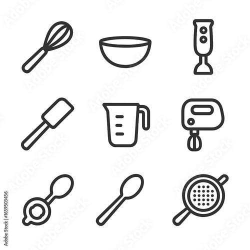 Mayonnaise Tool Icons. Outline icon set of mayonnaise making tools: whisk, mixing bowl, blender, spatula, measuring cup, hand