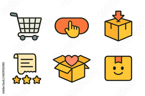 Children's Online Shopping Icons. Flat vector mini-illustrations of online shopping parcels in colors children