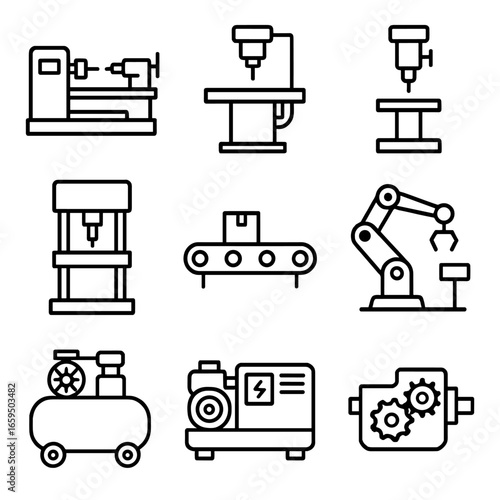Mechanical Icons Grid. Outline icon set of mechanics machines: lathe, milling machine, drill press, hydraulic press, conveyor belt