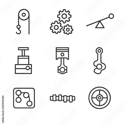 Mechanics Icon Set. Outline icon set of mechanics systems: pulley system, gear train, lever arm, hydraulic press, engine piston,