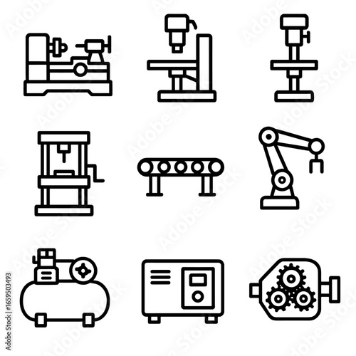 Mechanical Icons Grid. Outline icon set of mechanics machines: lathe, milling machine, drill press, hydraulic press, conveyor belt