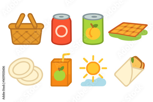 Children's Picnic Icons. Flat vector mini-illustrations Picnic with canned snacks in colors children's