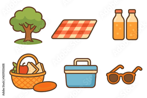 Children's Picnic Icons. Flat vector mini-illustrations picnic under trees in colors children's illustrations: