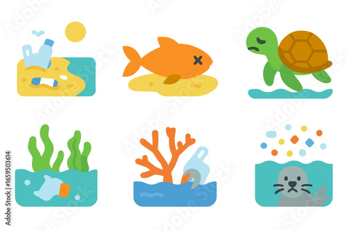 Plastic Pollution Effects. Flat vector mini-illustrations effects of plastic island in colors children's illustrations: polluted
