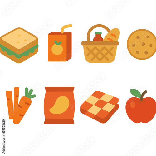 Children's Picnic Icons. Flat vector mini-illustrations picnic meals in colors children's illustrations: