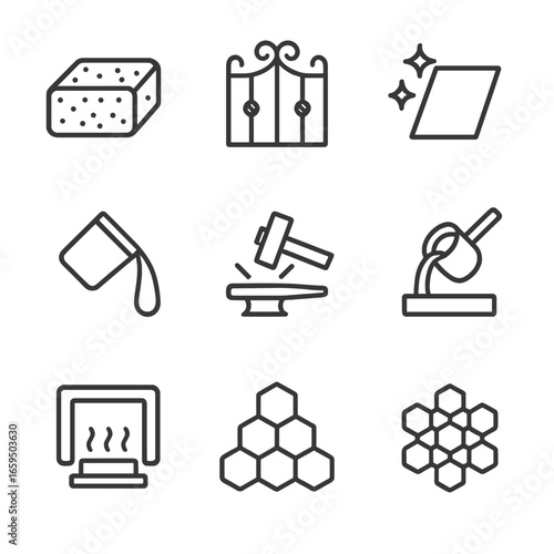 Metallurgy Icons Grid. Outline icon set of iron alloys and metallurgy: cast iron, wrought iron, stainless steel, carbon steel,