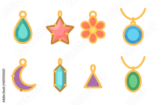 Colorful Gem Pendants. Flat vector mini-illustrations prongs in pendants in colors children's illustrations: teardrop gem pendant,