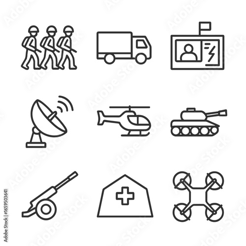 Military Icons Grid. Outline icon set of military deployment: troop movement, supply truck, command center, satellite